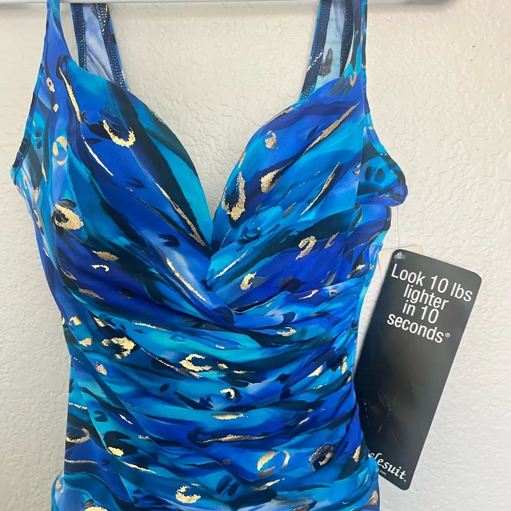 Miraclesuit Blue Multi Ruched One-Piece Swimsuit with Gold Accents